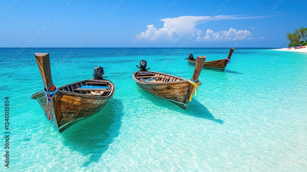 Three wooden longtail boats in turquoise water near a tropical beach. Three wooden longtail boats in turquoise water near a tropical beach.