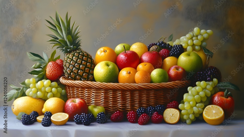 A vibrant still life: juicy fruits overflowing a rustic basket. A vibrant still life: juicy fruits overflowing a rustic basket.