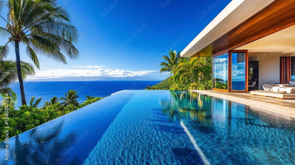 Fototapeta premium Modern luxury villa with infinity pool overlooking the ocean, surrounded by palm trees