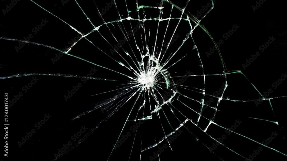 Cracked glass fracture effect on black background, Animation bullet through glass on background.
Abstract broken transparent glass texture. Cracked and Shattered black glass with slow motion. Alpha