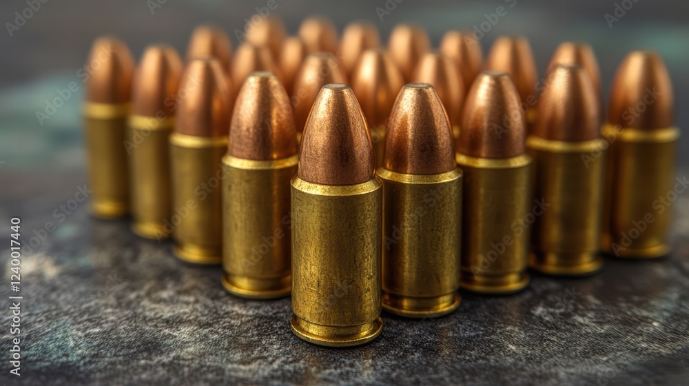 Pile of 9mm bullets, bullets are arranged in a loose Pile of 9mm bullets, bullets are arranged in a loose