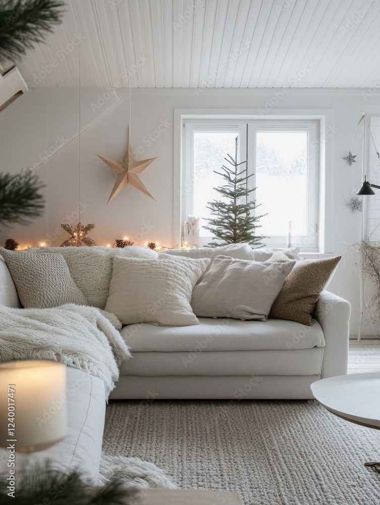 Fototapeta premium Cozy Winter Living Room Decorated For Christmas