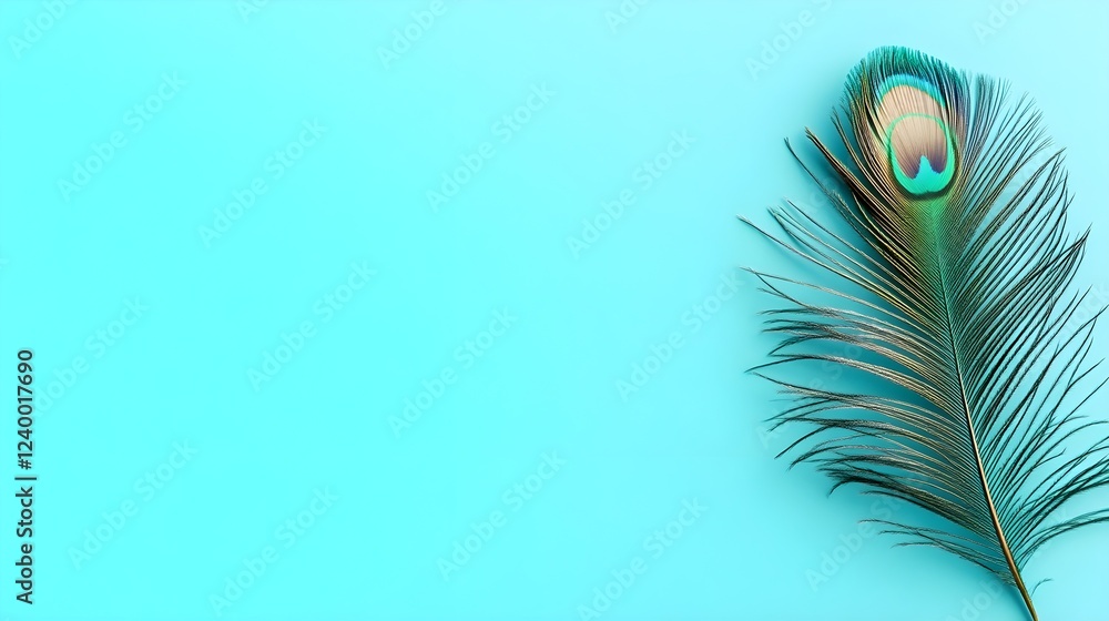 Obraz premium A single peacock feather, vibrant hues against a serene azure backdrop. Elegance defined.