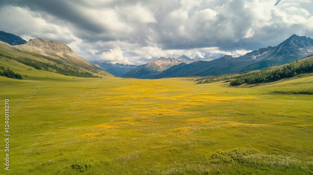 Expansive Mountain Valley Meadow With Yellow Wildflowers Under Partly Cloudy Sky Expansive Mountain Valley Meadow With Yellow Wildflowers Under Partly Cloudy Sky