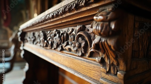 A wooden table with a floral design on it. The table is in a room with chairs. The table is the main focus of the image