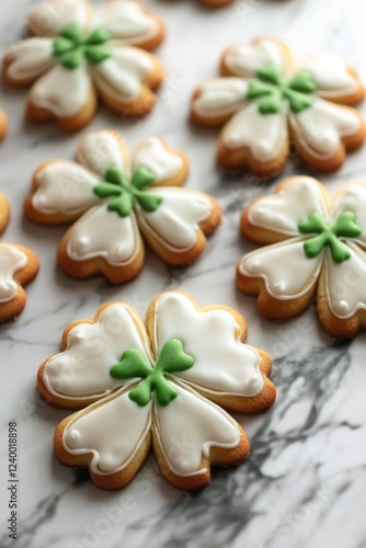 Six white icing shamrock-shaped cookies, decorated with green icing and candy, ready for St Patrick's Day celebrations.