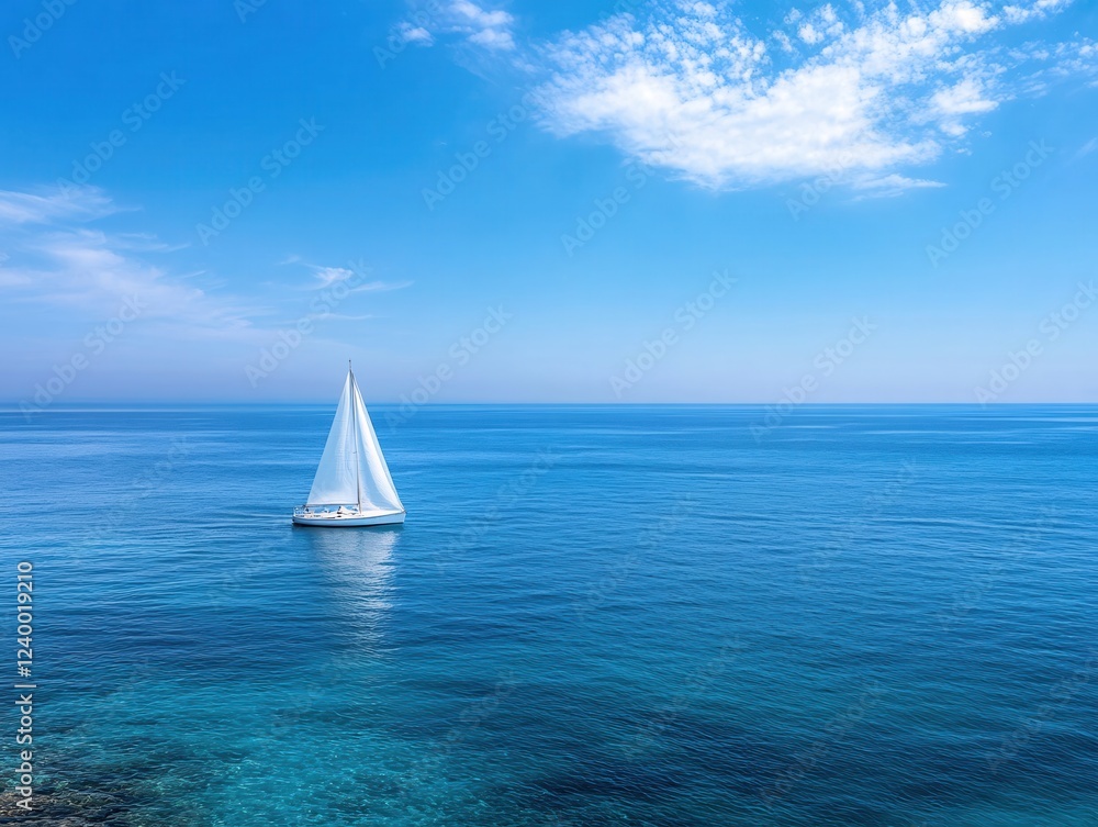 Obraz premium White sailboat gliding on calm blue sea under a bright sky with soft clouds on a sunny day