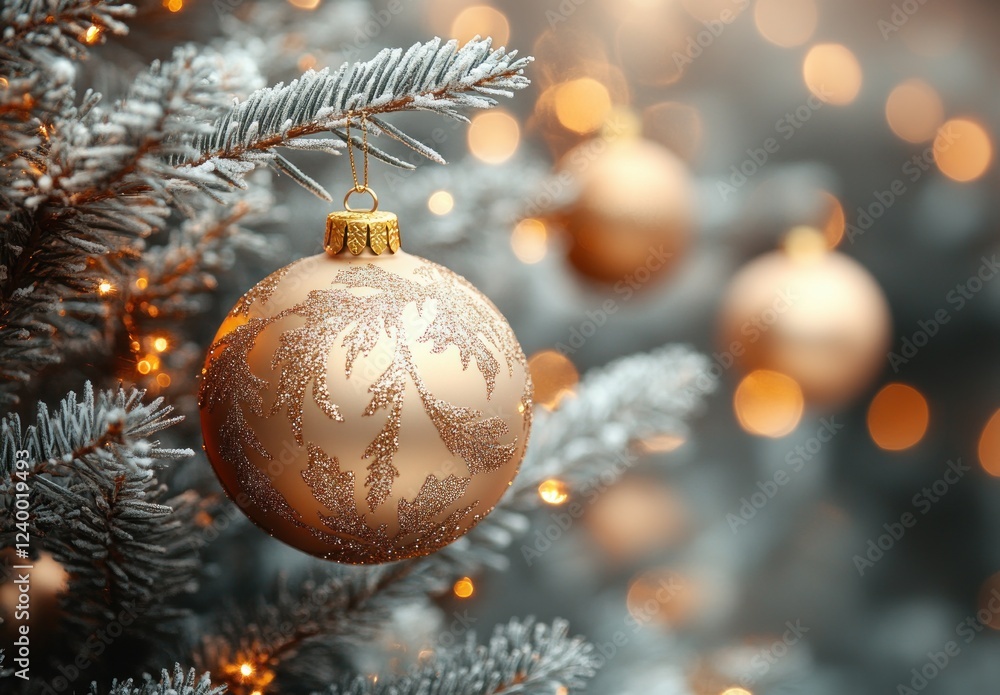 Christmas Tree Decorations with Golden Ornaments and Bokeh Light Background Christmas Tree Decorations with Golden Ornaments and Bokeh Light Background
