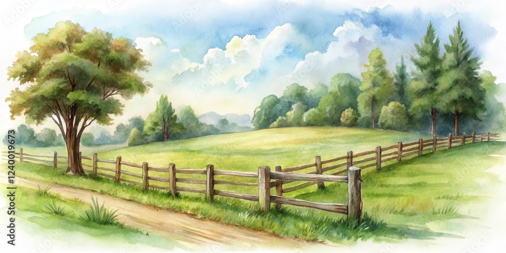 Pencil drawing of a serene rural landscape with fence, watercolor, peaceful, watercolor,peaceful,birds,country,calm,solitude,soft Pencil drawing of a serene rural landscape with fence, watercolor, peaceful, watercolor,peaceful,birds,country,calm,solitude,soft