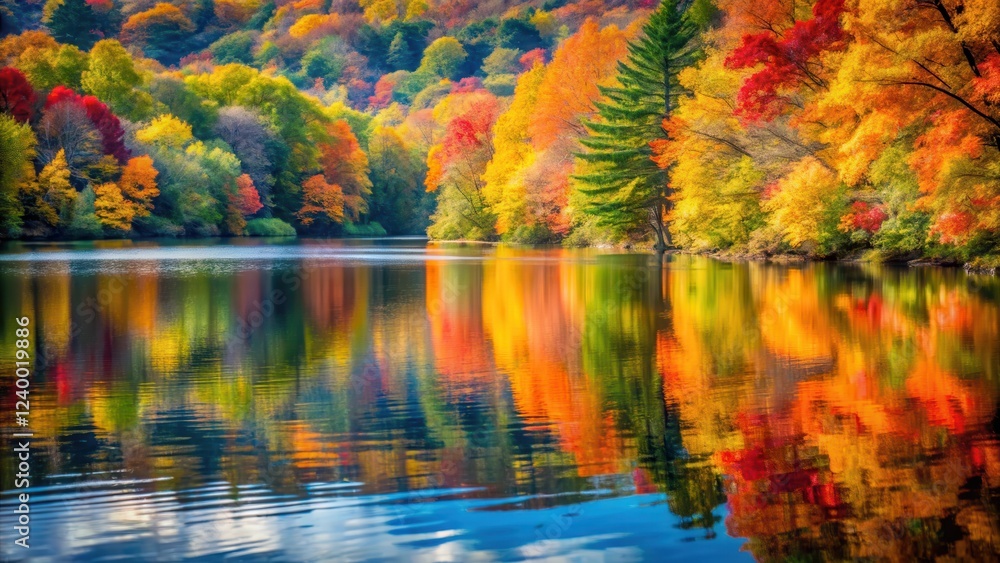 Fototapeta premium Serene lake reflecting vibrant autumn colors and swirling leaves , reflection, tranquil, reflection, tranquil, foliage
