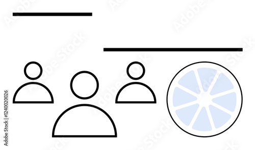 Three abstract human figures connected by lines with a circular segmented graphic. Ideal for teamwork, brainstorming, communication, project planning, data flow, collaboration, abstract line flat