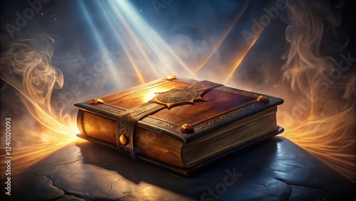 Mystical tome with radiant aura set against a dark and mysterious backdrop, exuding an air of ancient knowledge and forgotten lore , leather-bound, glowing aura