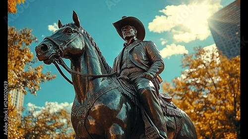 A bronze statue of a cowboy on a horse against a vibrant sky.