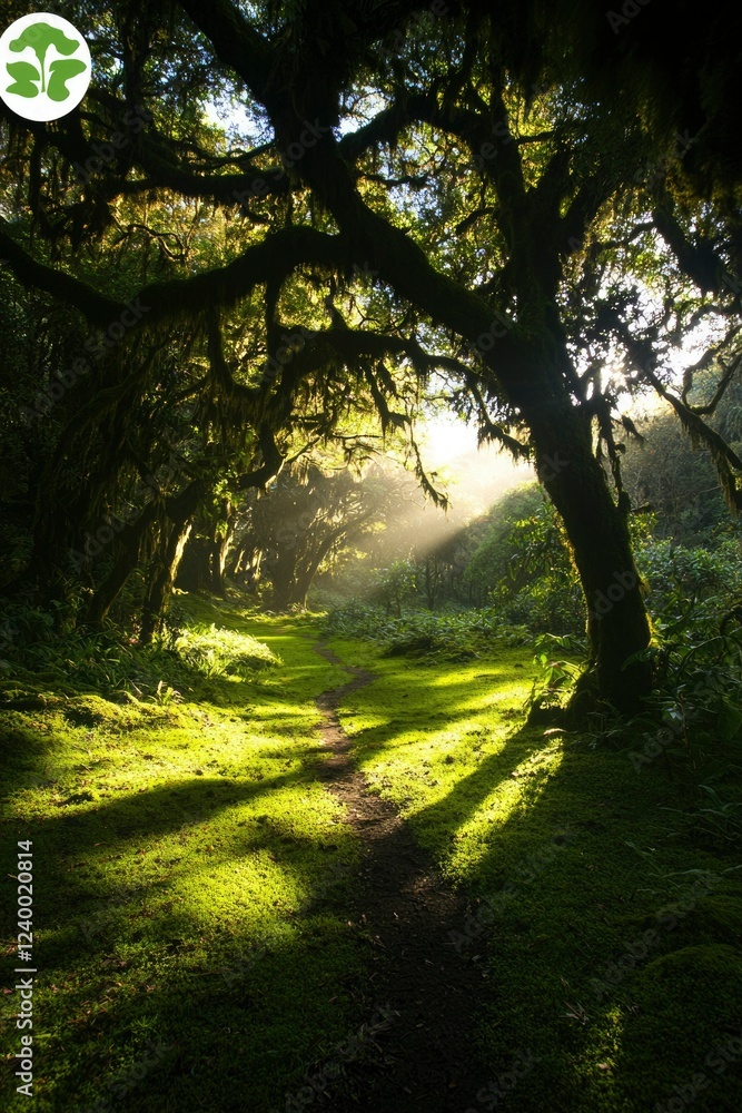 Sunlit Path Through Moss Covered Forest Canopy Sunlit Path Through Moss Covered Forest Canopy