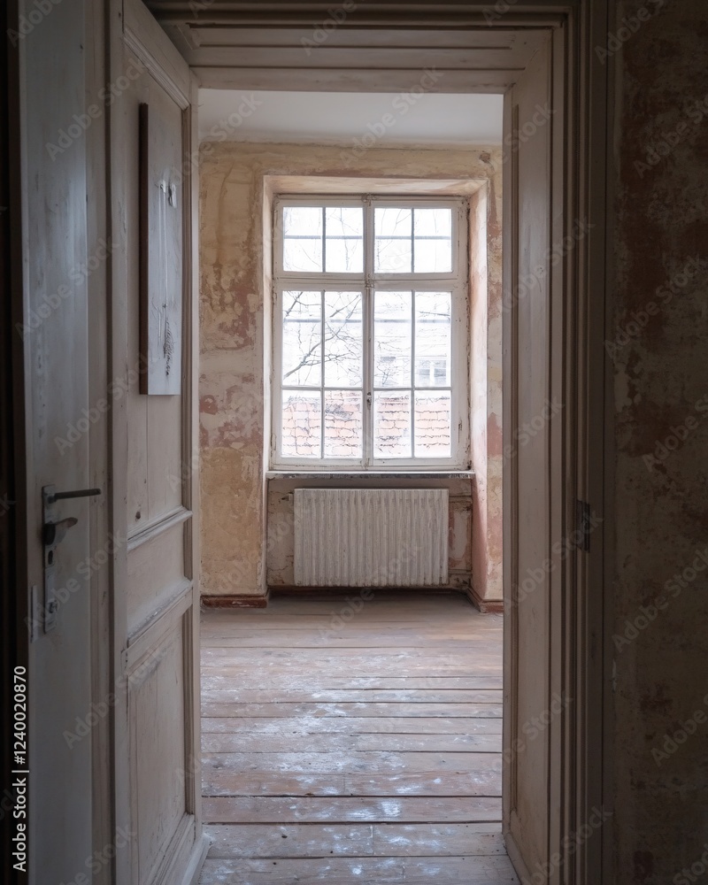 Fototapeta premium Open doorway reveals a bright room with textured walls and a window view of a bare tree