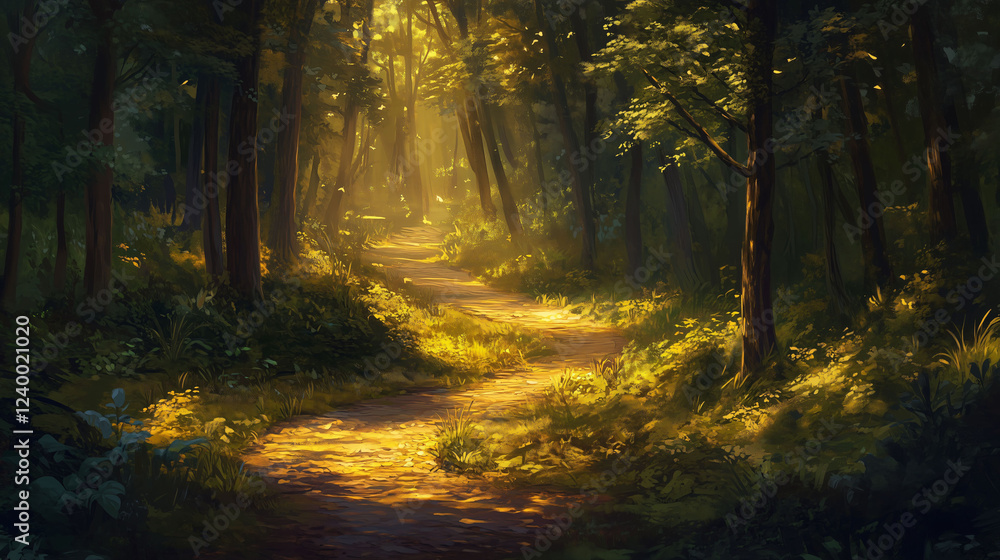 Winding Forest Path Illuminated by Sunlight in a Picturesque Woodland Setting. Generative AI Winding Forest Path Illuminated by Sunlight in a Picturesque Woodland Setting. Generative AI