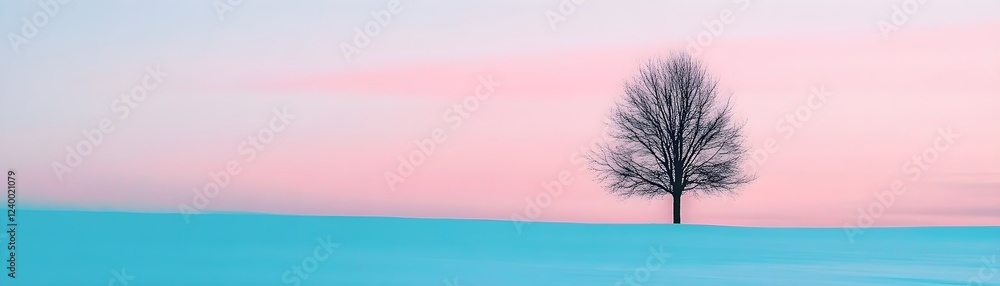 Serene Winter Sunset: A lone tree stands silhouetted against a pastel sky. Serene Winter Sunset: A lone tree stands silhouetted against a pastel sky.