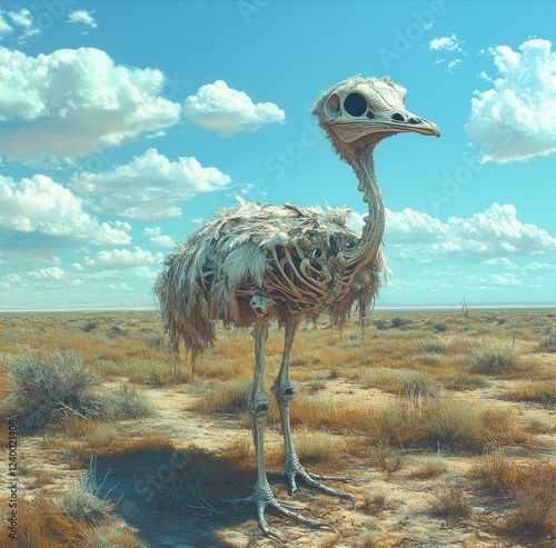 Surreal Ostrich with Skeleton Head in Desert Sky photo