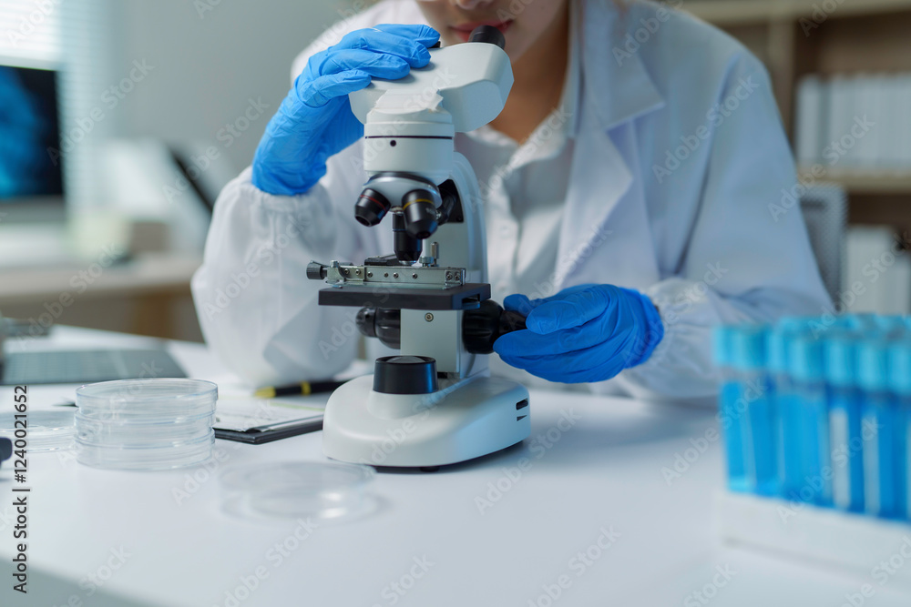 Scientist adjusting microscope, performing scientific research in laboratory Scientist adjusting microscope, performing scientific research in laboratory