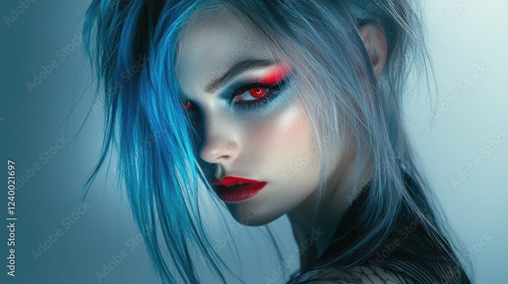Cyberpunk woman with futuristic gothic appearance, featuring blue hair and red lips. Cyberpunk woman with futuristic gothic appearance, featuring blue hair and red lips.