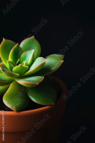 Green succulent plant in terracotta pot against black background