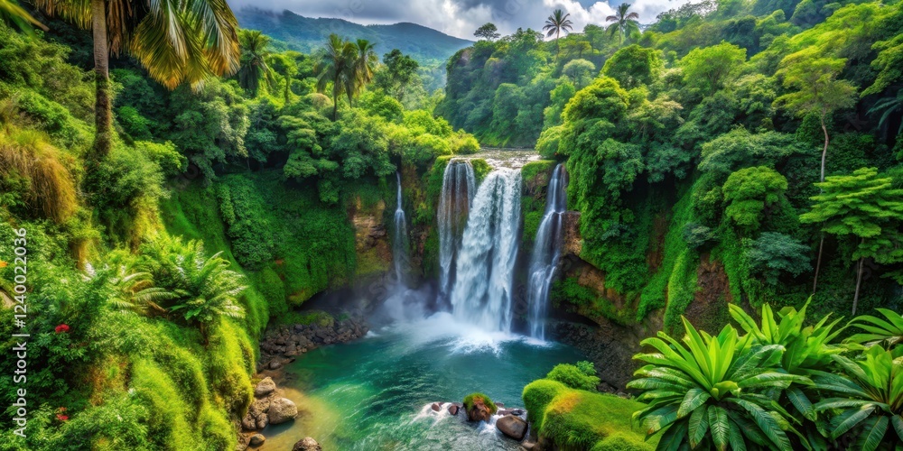 Obraz premium Stunning waterfall cascading down a lush tropical island's rugged terrain, with vibrant greenery and exotic plants surrounding it in a breathtaking top view , tropical island, natural wonder