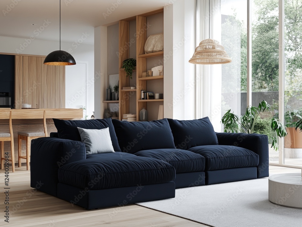 Fototapeta premium A large black couch is the centerpiece of a living room with a white wall and wooden floors. The room also features a dining table, chairs, and potted plants. Scene is cozy and inviting