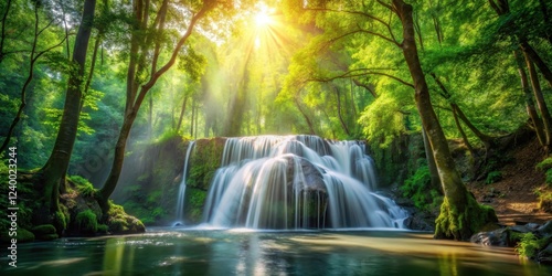 Waterfall in forest with sunlight filtering through trees, foliage, tree canopy,  foliage