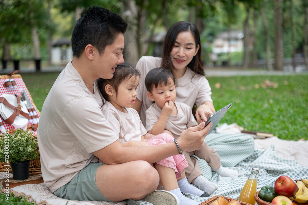 Asian parents are taking their little kids on a picnic, watching a cartoon on a tablet. Asian parents are taking their little kids on a picnic, watching a cartoon on a tablet.