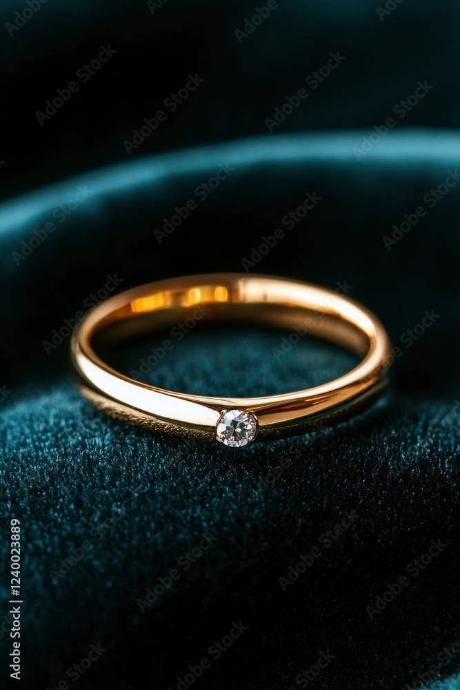 Gold Band Diamond Ring On Teal Velvet Gold Band Diamond Ring On Teal Velvet