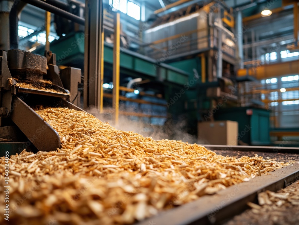 Wood chips flow from industrial machine in factory with blurred background and soft light Wood chips flow from industrial machine in factory with blurred background and soft light