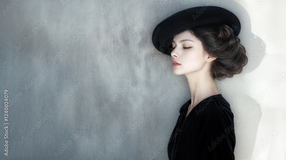 Φωτογραφία Elegant woman with pale skin in three-quarter profile, vintage black hat, dark wavy hair, minimalist gray background