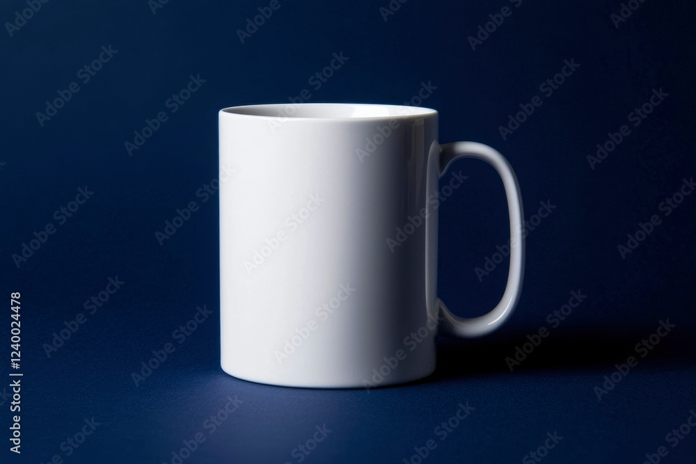 A White Mug Sits On A Dark Blue Background A White Mug Sits On A Dark Blue Background