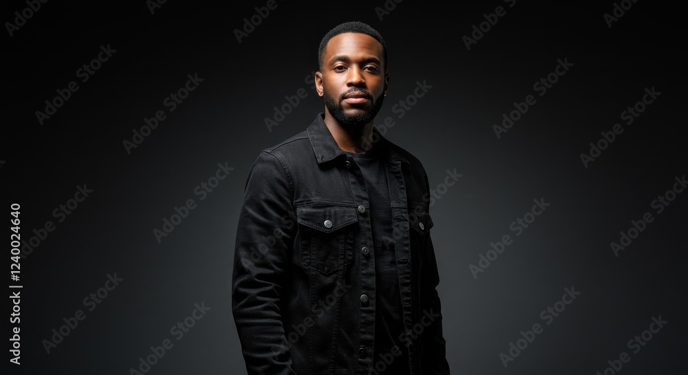 Portrait of a Confident Young Man in Casual Black Attire Standing Against a Dark Background, Perfect for Lifestyle, Fashion, and Personal Branding. Portrait of a Confident Young Man in Casual Black Attire Standing Against a Dark Background, Perfect for Lifestyle, Fashion, and Personal Branding.