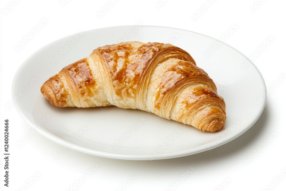 A golden brown croissant rests on a white plate A golden brown croissant rests on a white plate