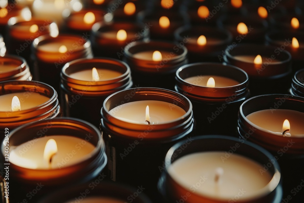 Many Lit Candles in Dark Brown Jars Arranged in Rows Many Lit Candles in Dark Brown Jars Arranged in Rows