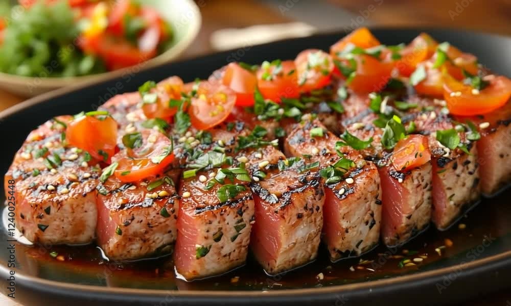 Grilled tuna steak garnished with fresh herbs and cherry tomatoes on a black plate Grilled tuna steak garnished with fresh herbs and cherry tomatoes on a black plate