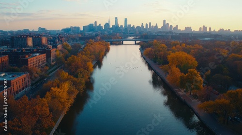 Philadelphia aerial capture highlighting the Schuylkill River lined with autumn foliage
