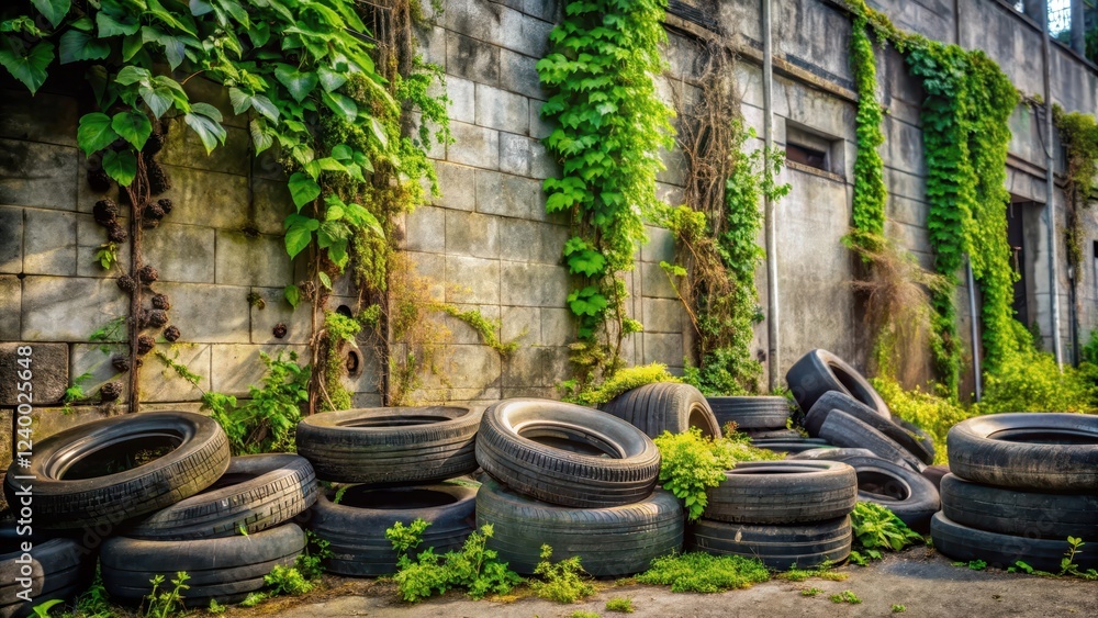 A row of old rubber tires stacked haphazardly against a crumbling concrete wall surrounded by overgrown weeds and vines in a neglected industrial area , decay, pollution A row of old rubber tires stacked haphazardly against a crumbling concrete wall surrounded by overgrown weeds and vines in a neglected industrial area , decay, pollution