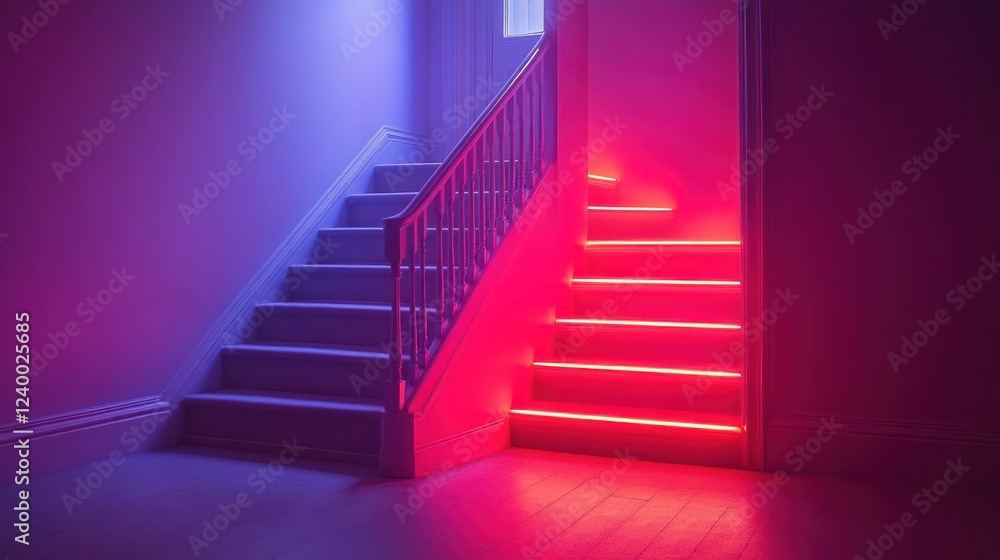 Fototapeta premium Neon stairs, home interior, vibrant lighting, design