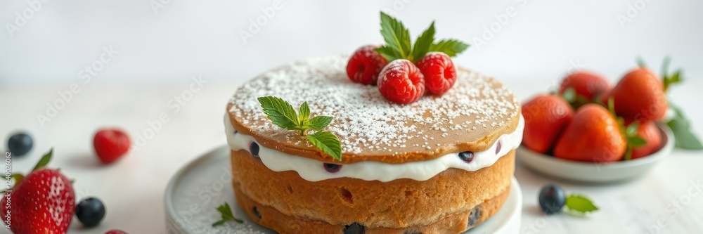 Delicious cake topped with strawberries and mint leaves on a clean countertop Delicious cake topped with strawberries and mint leaves on a clean countertop