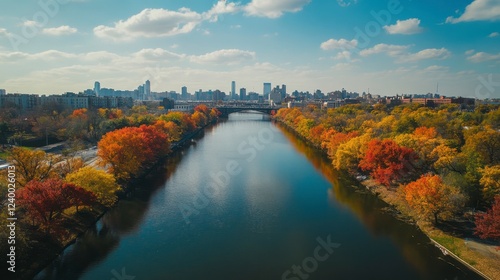 Philadelphia aerial capture highlighting the Schuylkill River lined with autumn foliage