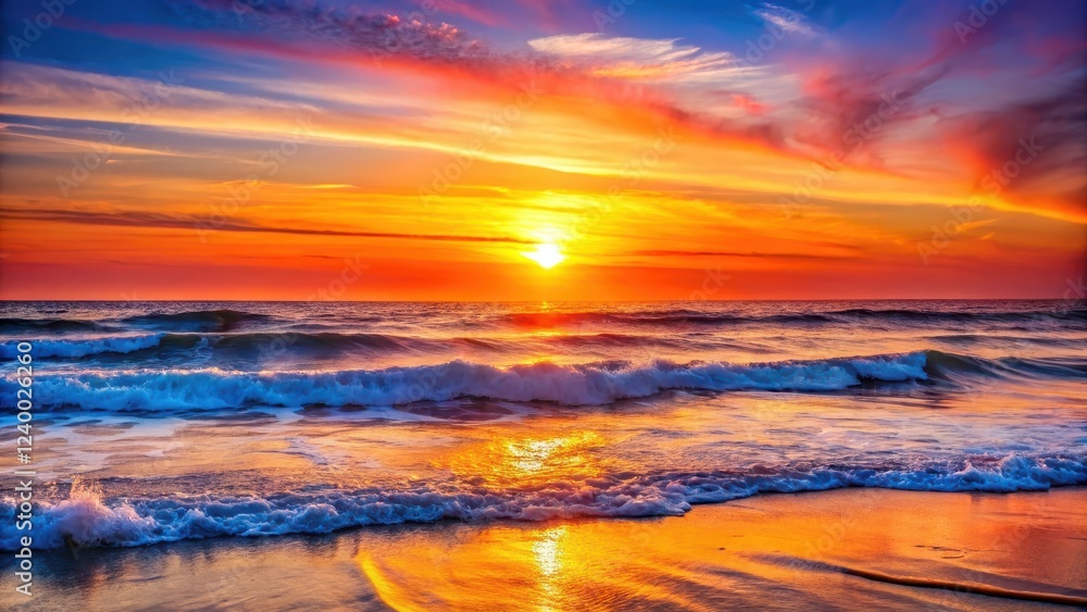 Vibrant hues of orange and pink dance across a clear blue sky, as the sun sets over the ocean Vibrant hues of orange and pink dance across a clear blue sky, as the sun sets over the ocean