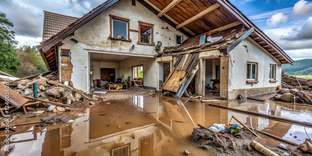 House after flood damage debris scattered on ground water seeping through walls broken windows shattered doors covered in mud and silt , collapsed roof, stormy weather House after flood damage debris scattered on ground water seeping through walls broken windows shattered doors covered in mud and silt , collapsed roof, stormy weather