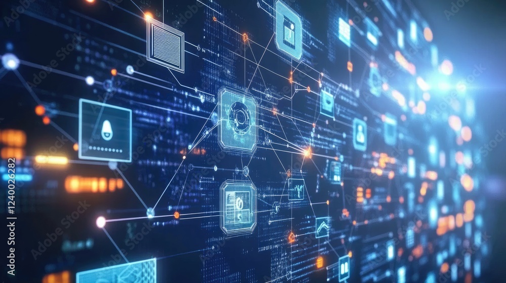 Digital finance concept with floating cryptocurrency symbols and blockchain network connections.