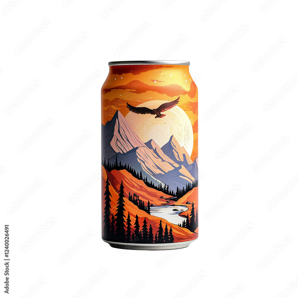 Fototapeta premium A vibrant beer can featuring a scenic landscape with mountains, a river, and a soaring eagle against a colorful sunset.