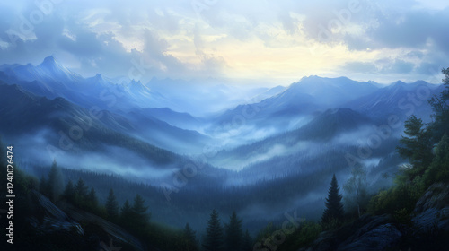 Panoramic View of a Mountain Range at Dawn Revealing Misty Valleys and Distant Peaks in Soft Light. Generative AI