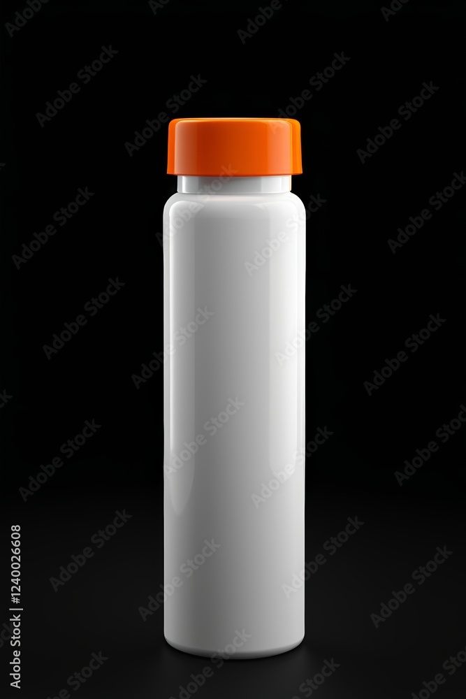 a close up of a white bottle with an orange lid a close up of a white bottle with an orange lid