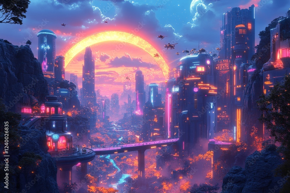 Fototapeta premium Futuristic city sunset, flying vehicles, river valley