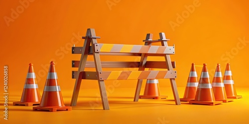 Highways blocked off with sawhorses and cones on bright orange background in high definition render, construction zone, orange cones